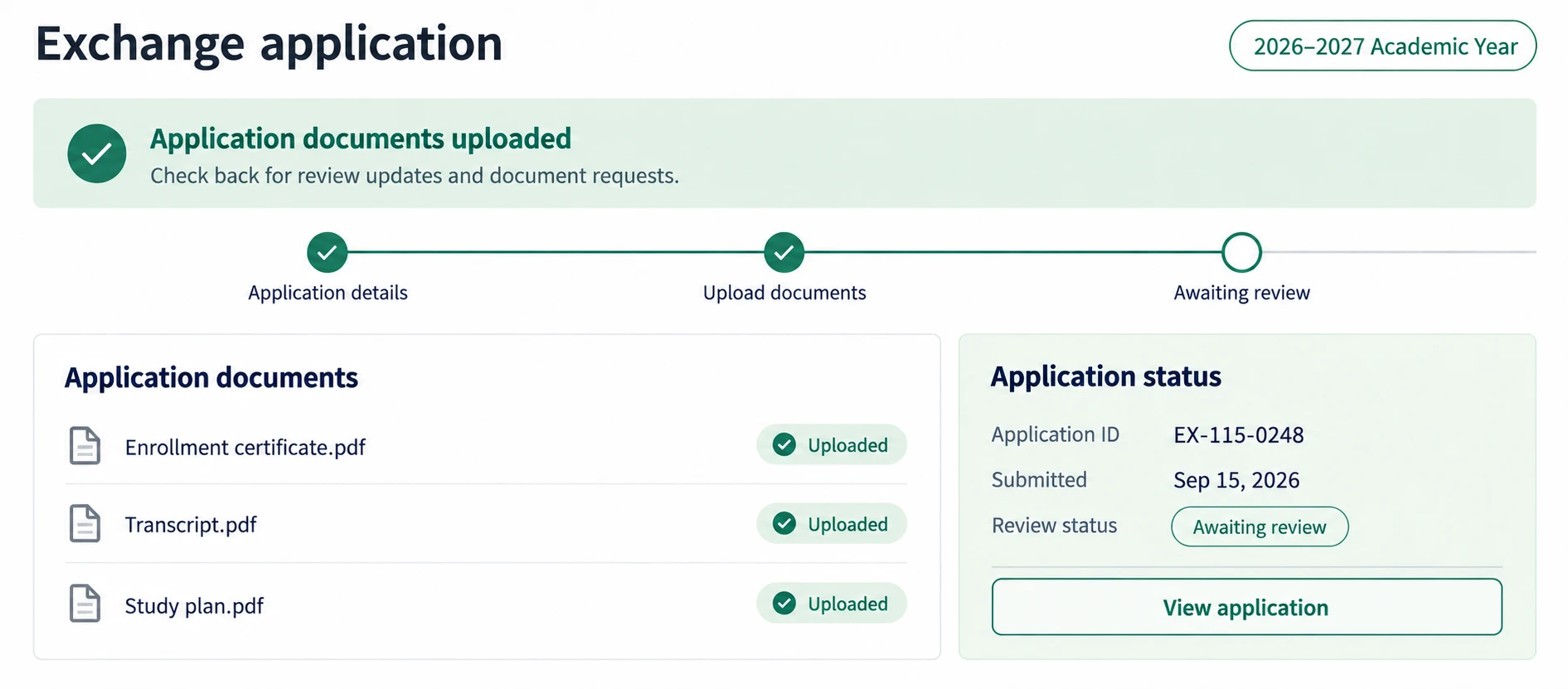 Concept interface showing exchange application uploads and review status for the 2026–2027 academic year
