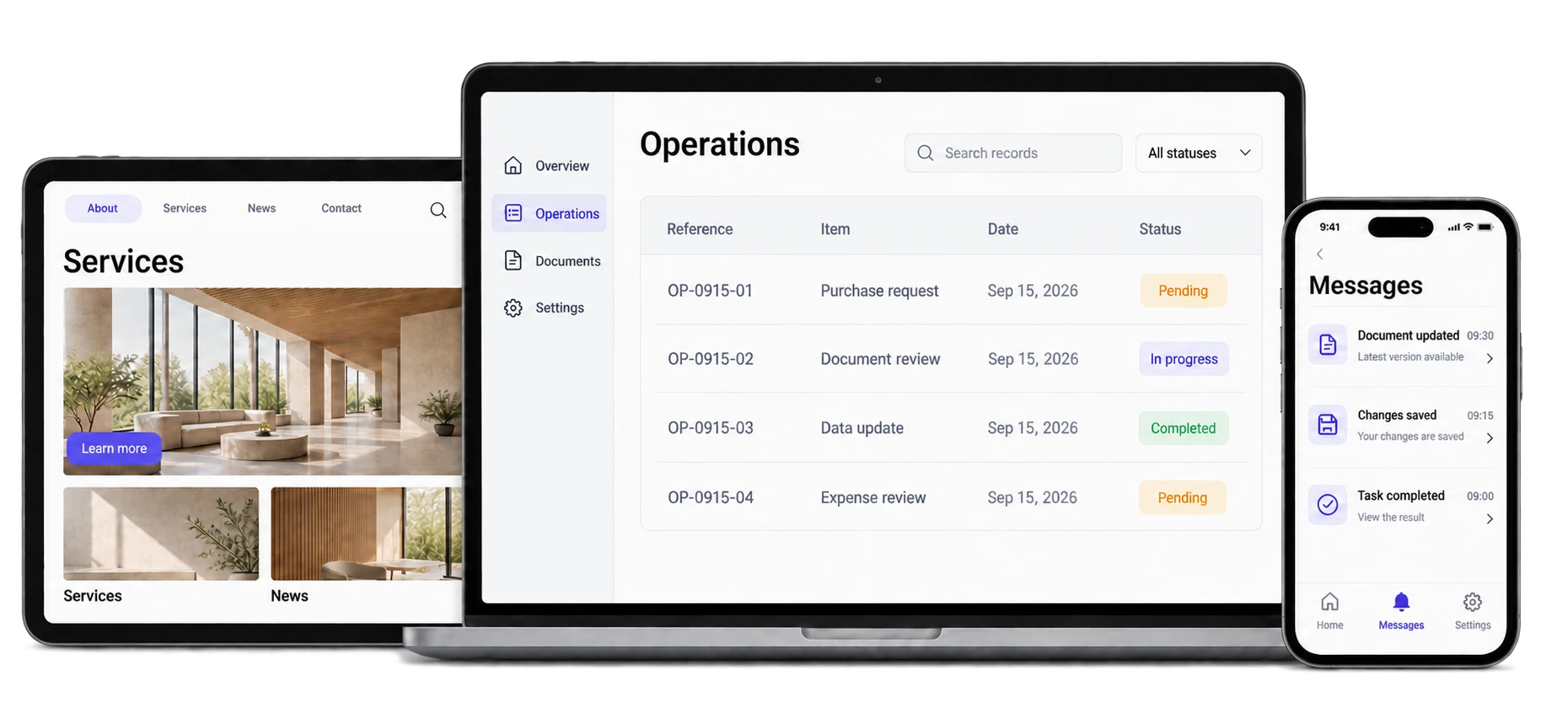 Concept interfaces for a business management system, corporate website and mobile app
