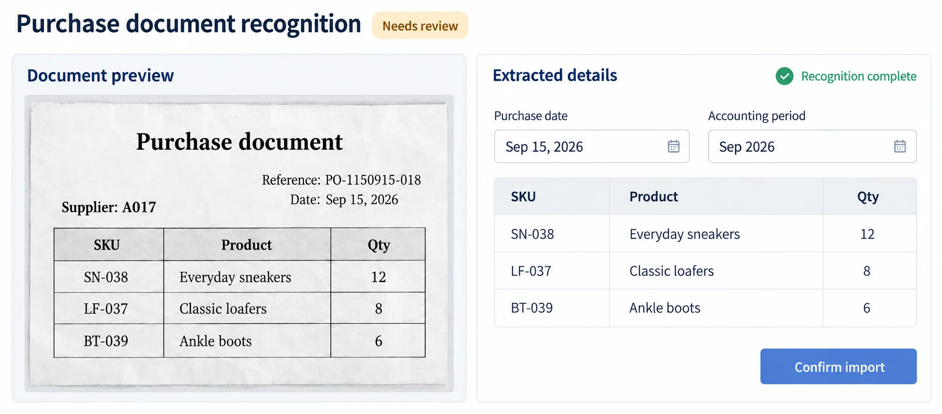Concept interface showing a purchase document and its extracted item details